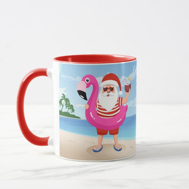 Santa Claus with flamingo inflatable ring Mug (Left)