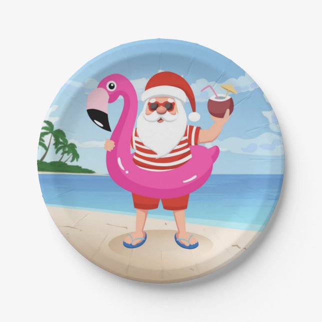 Santa Claus with flamingo inflatable ring Paper Plate (Front)
