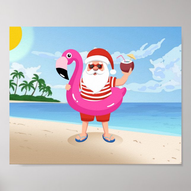 Santa Claus with flamingo inflatable ring Poster (Front)