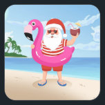 Santa Claus with flamingo inflatable ring Square Sticker<br><div class="desc">santa claus flamingo christmas, 
cheerful tropic lifestyle pink , 
man colourful sunglasses bird , 
drawing animal merry funny , 
swim party vacation ocean, 
sea cute inflatable tropical , 
beach happy cartoon summer, 
illustration holiday , 
christmas santa claus flamingo , </div>