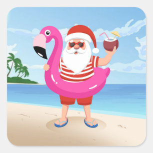Santa Claus with flamingo inflatable ring Square Sticker
