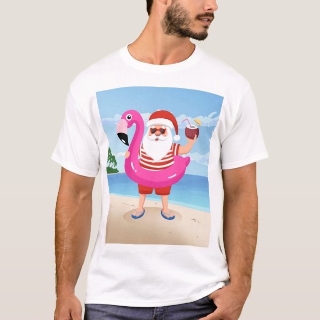 Santa Claus with flamingo inflatable ring T-Shirt (Front)