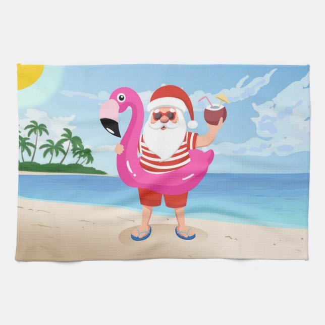 Santa Claus with flamingo inflatable ring Tea Towel (Horizontal)