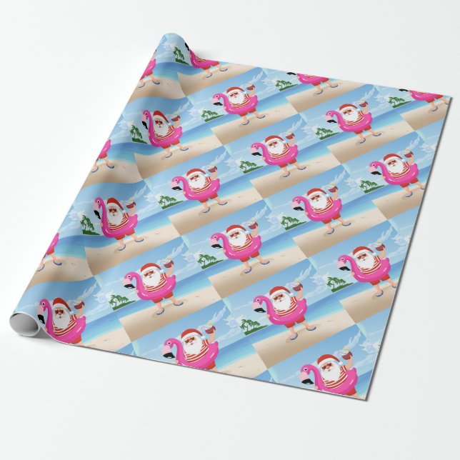Santa Claus with flamingo inflatable ring Wrapping Paper (Unrolled)