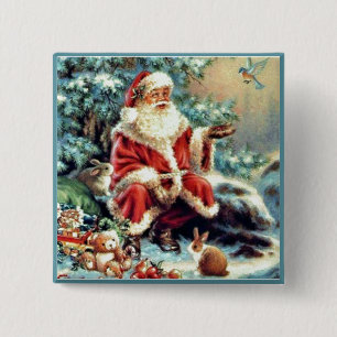 Santa Claus with Forest Animals Chirstmas Button