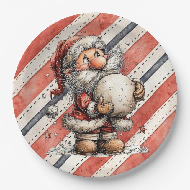 Santa Claus With Giant Snowball  Paper Plate (Front)