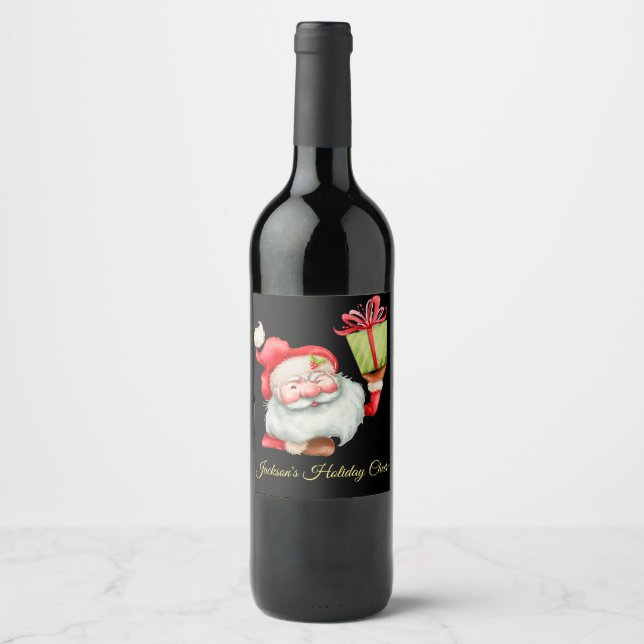 Santa Claus with Gift Custom Christmas Wine Label (Front)