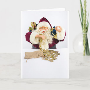 Santa Claus with gifts and money coins Holiday Card