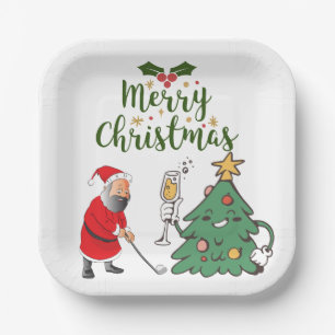 Santa Claus with golf ball Merry Christmas golfer  Paper Plate