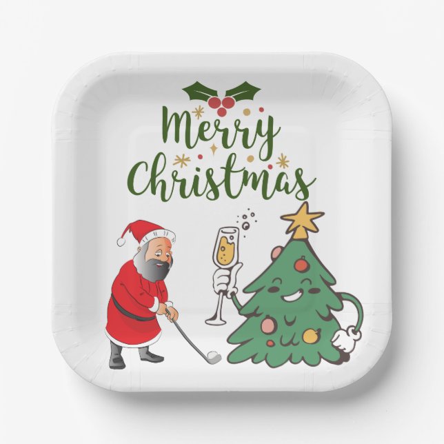 Santa Claus with golf ball Merry Christmas golfer  Paper Plate (Front)
