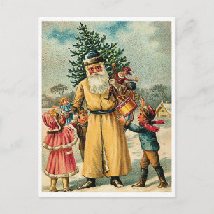 Santa Claus with kids and Christmas tree, vintage Postcard