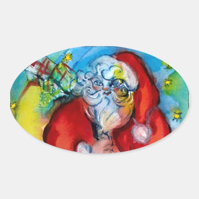 SANTA CLAUS  WITH LANTERN IN THE CHRISTMAS NIGHT OVAL STICKER (Front)