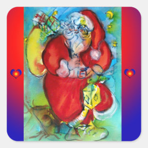 SANTA CLAUS  WITH LANTERN IN THE CHRISTMAS NIGHT SQUARE STICKER