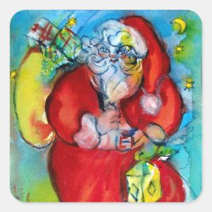 SANTA CLAUS  WITH LANTERN IN THE CHRISTMAS NIGHT SQUARE STICKER