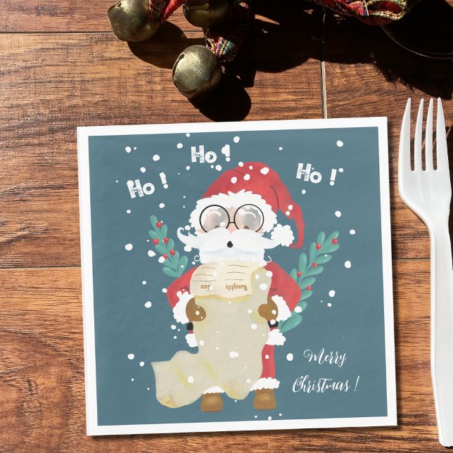 Santa Claus with List Blue Holiday Paper Napkin (Cute Santa Claus with list blue Christmas paper napkins .)