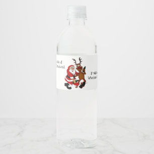 Santa Claus with moose - Happy Christmas Water Bottle Label