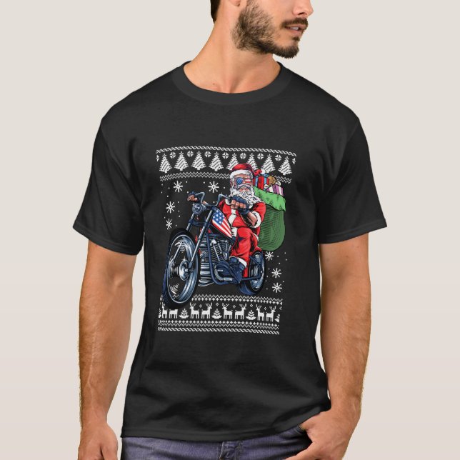 Santa Claus With Motorcycle Xmas Tree Ugly Christm T-Shirt (Front)