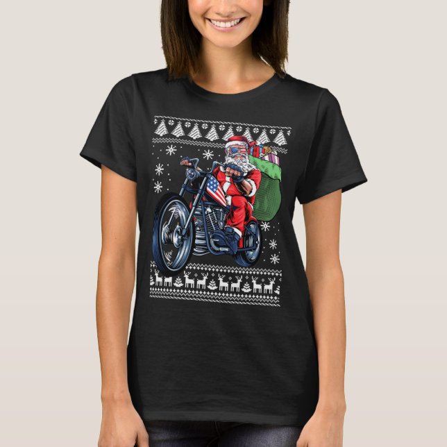 Santa Claus With Motorcycle Xmas Tree Ugly Christm T-Shirt (Front)