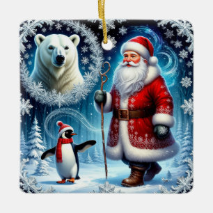Santa Claus With Polar Bear And Penguin Ceramic Ornament