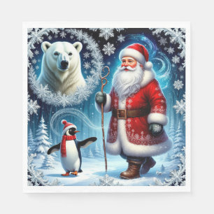 Santa Claus With Polar Bear And Penguin Napkin