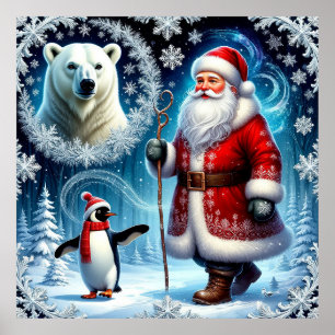 Santa Claus With Polar Bear And Penguin Poster