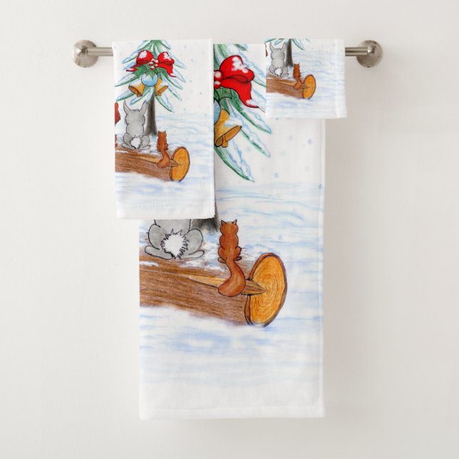 Santa Claus with Rabbit Fox and Squirrel Bath Towel Set (Insitu)
