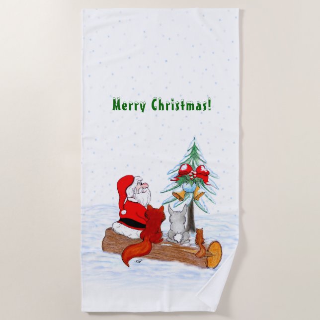 Santa Claus with Rabbit Fox and Squirrel Beach Towel (Front)