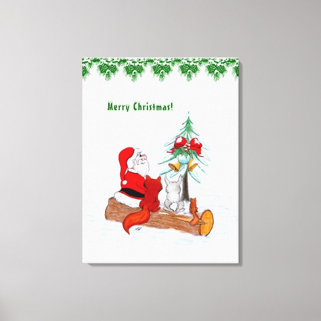 Santa Claus with Rabbit Fox and Squirrel Canvas Print (Front)