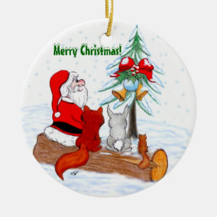 Santa Claus with Rabbit Fox and Squirrel Ceramic Tree Decoration