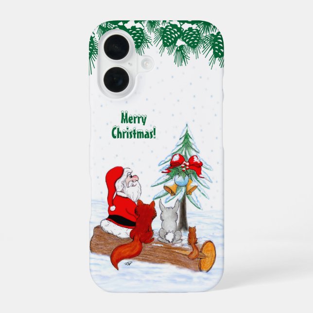 Santa Claus with Rabbit Fox and Squirrel iPhone 16 Case (Back)