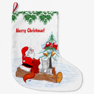 Santa Claus with Rabbit Fox and Squirrel Large Christmas Stocking