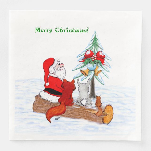 Santa Claus with Rabbit Fox and Squirrel Napkin (Front)