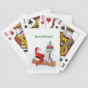 Santa Claus with Rabbit Fox and Squirrel Playing Cards