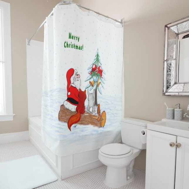 Santa Claus with Rabbit Fox and Squirrel Shower Curtain (In Situ)