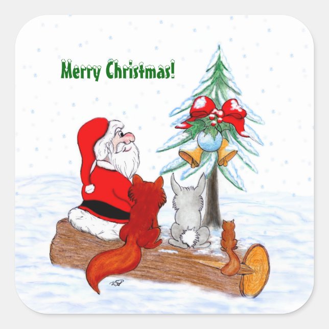 Santa Claus with Rabbit Fox and Squirrel Square Sticker (Front)