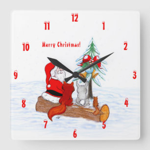 Santa Claus with Rabbit Fox and Squirrel Square Wall Clock
