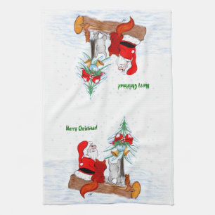 Santa Claus with Rabbit Fox and Squirrel Tea Towel