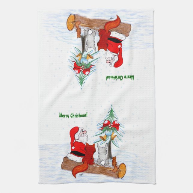 Santa Claus with Rabbit Fox and Squirrel Tea Towel (Vertical)