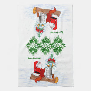 Santa Claus with Rabbit Fox and Squirrel Tea Towel