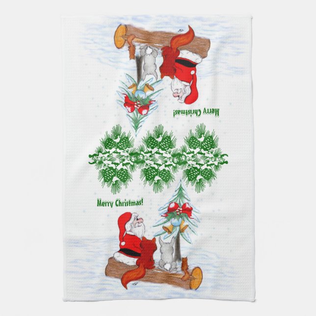 Santa Claus with Rabbit Fox and Squirrel Tea Towel (Vertical)