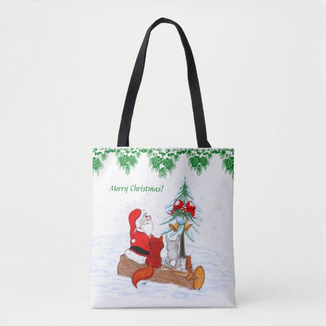 Santa Claus with Rabbit Fox and Squirrel Tote Bag (Front)