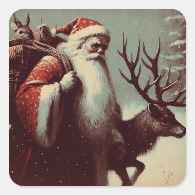 Santa Claus with Reindeer Vintage Illustration Square Sticker (Front)