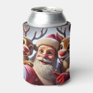 Santa Claus with Reindeers Celebrating Christmas Can Cooler