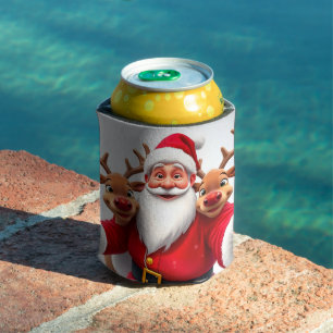 Santa Claus with Reindeers Celebrating Christmas Can Cooler