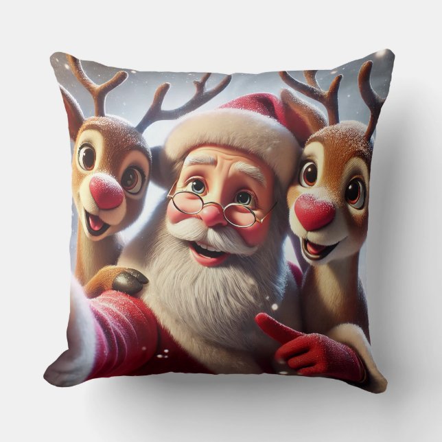 Santa Claus with Reindeers Celebrating Christmas Cushion (Front)