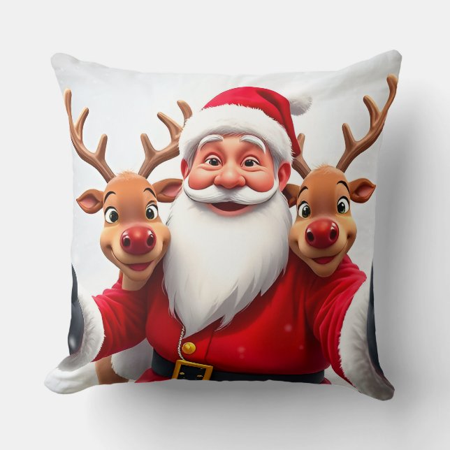 Santa Claus with Reindeers Celebrating Christmas Cushion (Front)