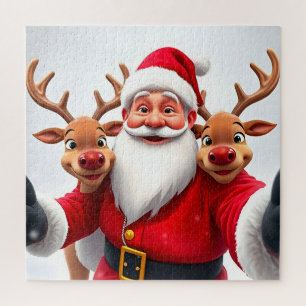 Santa Claus with Reindeers Celebrating Christmas Jigsaw Puzzle