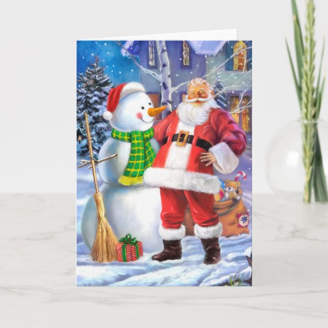 Santa Claus with snowman Holiday Card (Front)