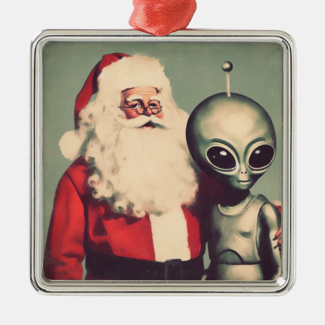 Santa Claus with Space Alien Sci Fi Christmas  Metal Tree Decoration (Front)