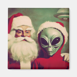 Santa Claus with Space Alien UFO Christmas  Magnet